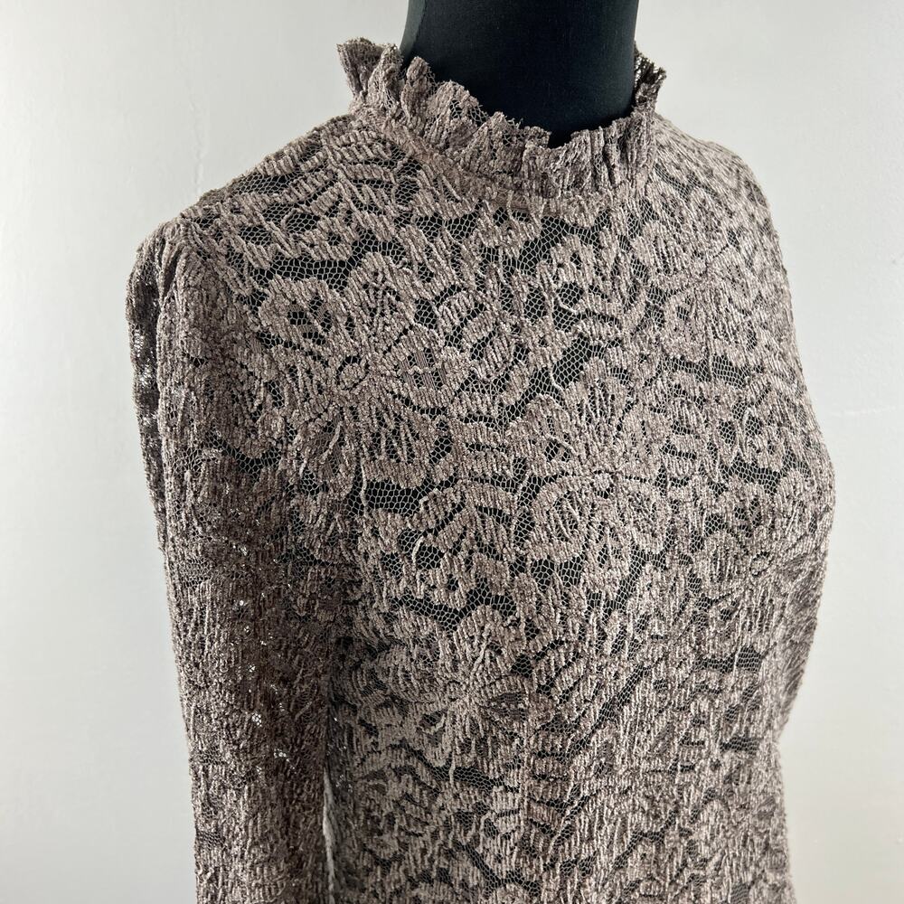 Eri+Ali Brown Blouse Floral Lace Cropped Mock Neck Keyhole Formal Size Small S - Picture 3 of 6